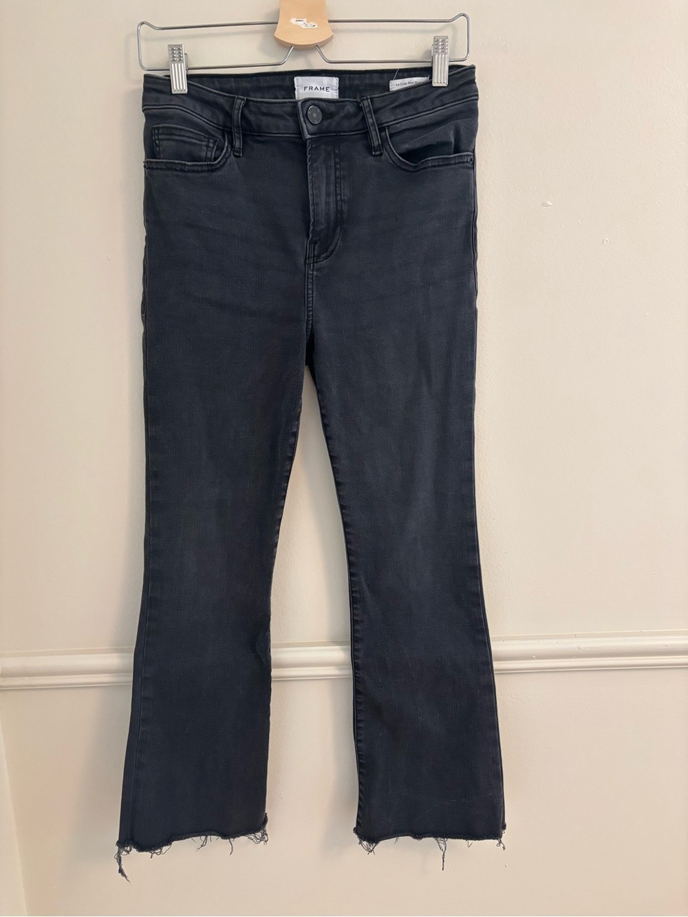 Frame Denim Black le crop mini boot Raw Hem